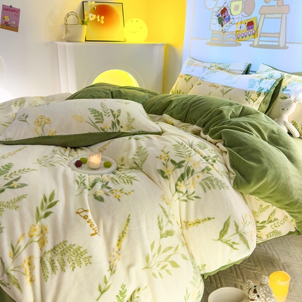 2024新款抗静电加厚牛奶绒印花四件套 花叶漫舞