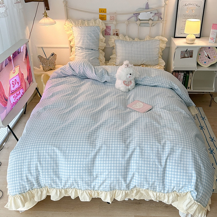 91家纺网 家纺一手货源 找家纺 2024新款花边奶油格子全棉混搭款四件套 茉香蓝格