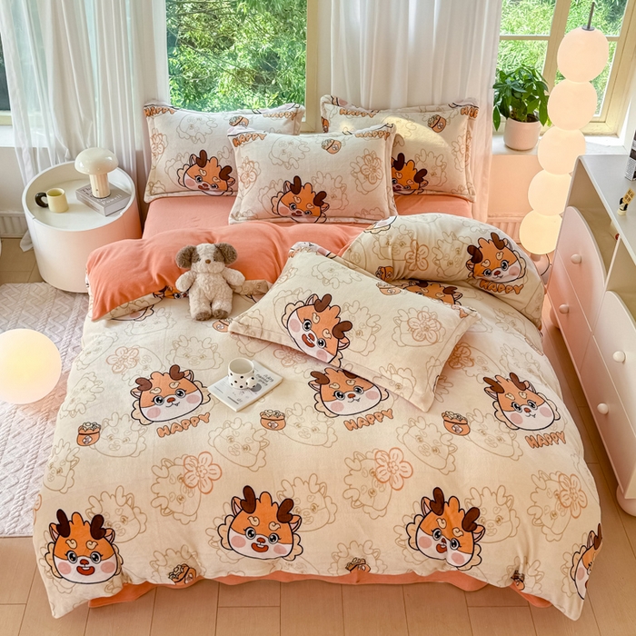 91家纺网 家纺一手货源 找家纺 富之航家纺 2024新款高克重小清新牛奶绒四件套 梦幻龙