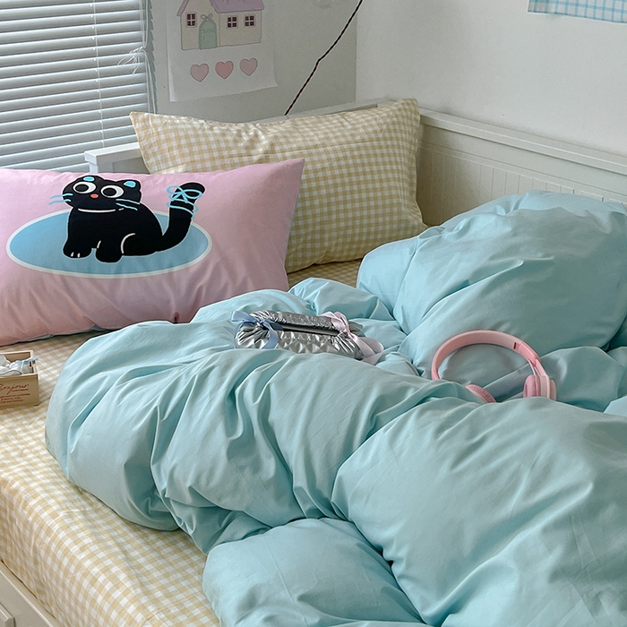 91家纺网 家纺一手货源 找家纺 2024新款全棉纯色大版枕套混搭款四件套 海盐苏打