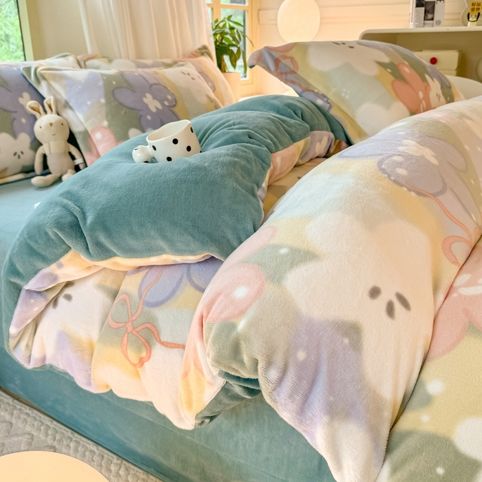 91家纺网 家纺一手货源 找家纺 富之航家纺 2024新款高克重小清新牛奶绒四件套 春日妮彩