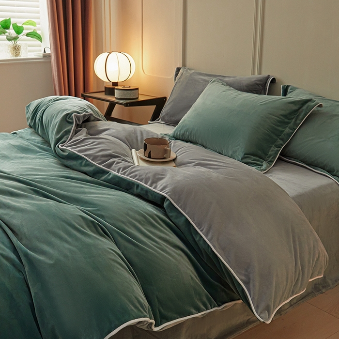 91家纺网 家纺一手货源 找家纺 澳梵家居 澳梵家居 2024新款A类宝宝绒嵌绳款四件套--【雅致系列】 荷叶绿+灰