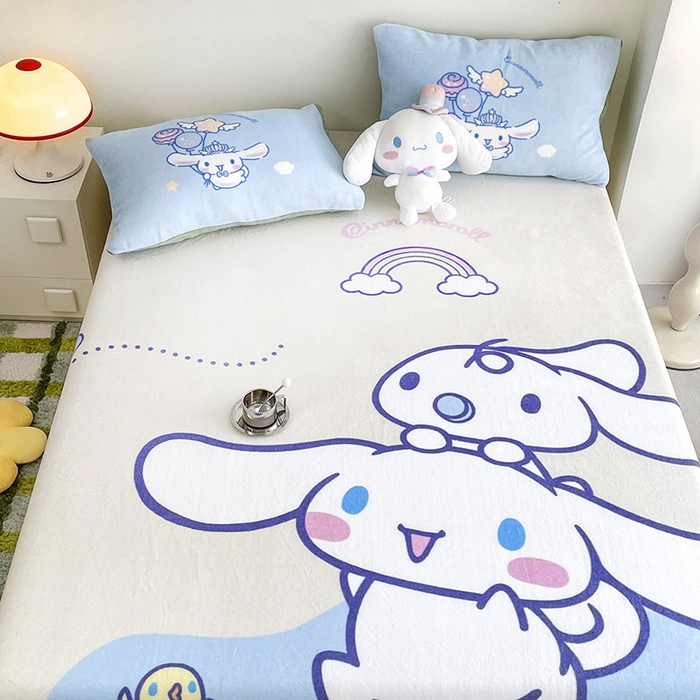 91家纺网 家纺一手货源 找家纺 米帛家纺 2024新款A类三丽鸥卡通床笠单件床罩冬季加厚牛奶绒床垫保护罩全包床单套 彩虹玉桂狗