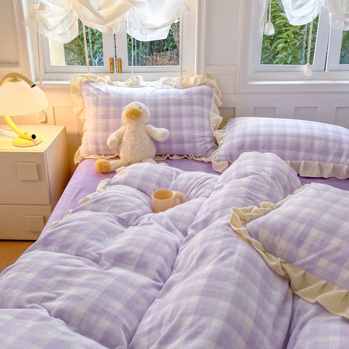 91家纺网 家纺一手货源 找家纺 2024新款高克重韩版牛奶绒四件套-奶油格子系列 奶油紫格