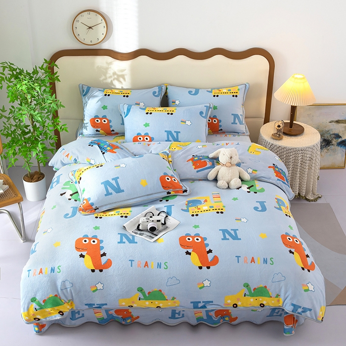 91家纺网 家纺一手货源 找家纺 雨萝家纺 2024新款亲肤舒适牛奶绒四件套 恐龙积木