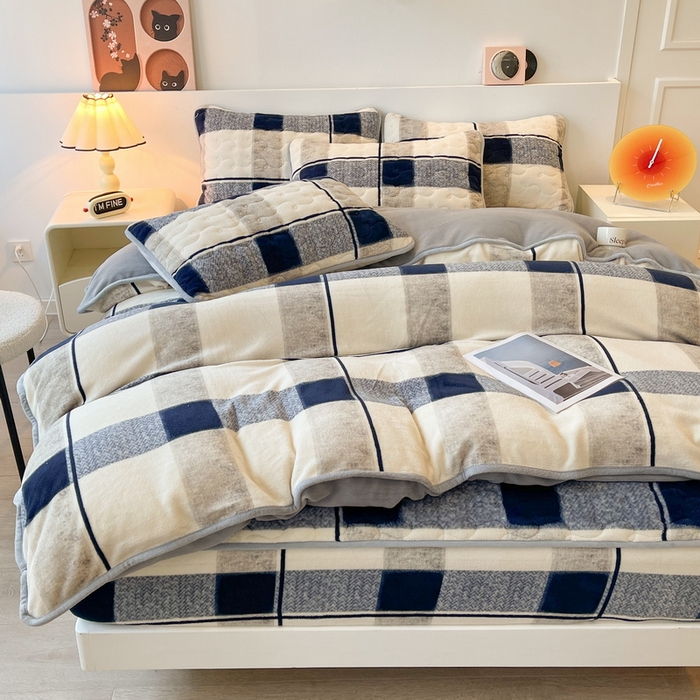 91家纺网 家纺一手货源 找家纺 2024秋冬A类牛奶绒加厚夹棉床笠+牛奶绒被套四件套肌理格