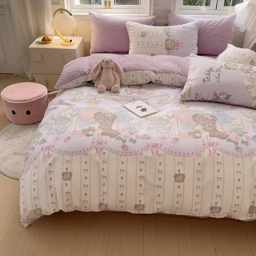 91家纺网 家纺一手货源 找家纺 优迈2024新秋冬加厚保暖全棉+豆豆绒四件套婴儿绒牛奶绒豆豆单被套单人双人加大号棉加绒三件套四件套 童话镇