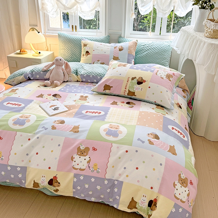 91家纺网 家纺一手货源 找家纺 优迈2024新秋冬加厚保暖全棉+豆豆绒四件套婴儿绒牛奶绒豆豆单被套单人双人加大号棉加绒三件套四件套 动物乐园