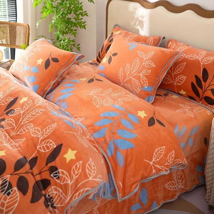 91家纺网 家纺一手货源 找家纺 雨萝家纺 2024新款亲肤舒适牛奶绒四件套 叶幕-橙