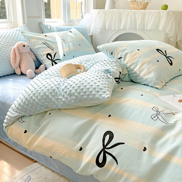 91家纺网 家纺一手货源 找家纺 优迈2024新秋冬加厚保暖全棉+豆豆绒四件套婴儿绒牛奶绒豆豆单被套单人双人加大号棉加绒三件套四件套 美丽蝴蝶结