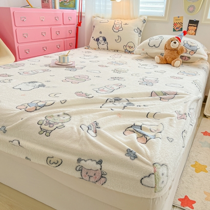 韩巢家纺 2024新款加厚雪花绒卡通印花保暖床笠三件套 小伙伴