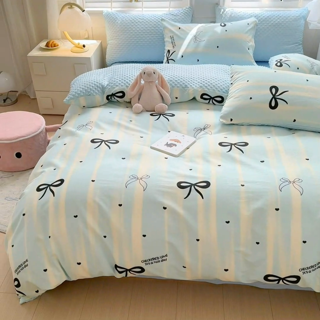 91家纺网 家纺一手货源 找家纺 优迈2024新秋冬加厚保暖全棉+豆豆绒四件套婴儿绒牛奶绒豆豆单被套单人双人加大号棉加绒三件套四件套 美丽蝴蝶结