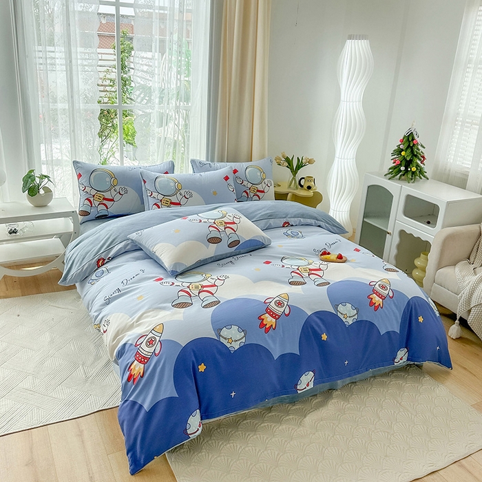 91家纺网 家纺一手货源 找家纺 金鑫汇家纺 2024年新款棉加绒印花四件套保暖牛奶绒法莱绒水晶绒 棉加绒-翱翔太空