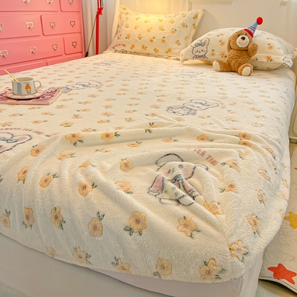 韩巢家纺 2024新款加厚雪花绒卡通印花保暖床笠三件套 田园兔(黄)