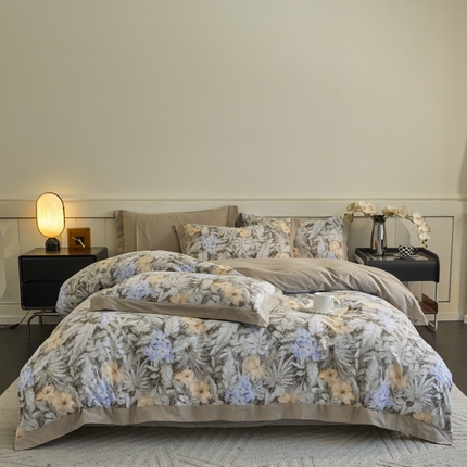 91家纺网 家纺一手货源 找家纺 慕晨 2024新款A类全棉贡缎磨毛数码印花宽边简约风中高端四件套直播爆款 秋雅