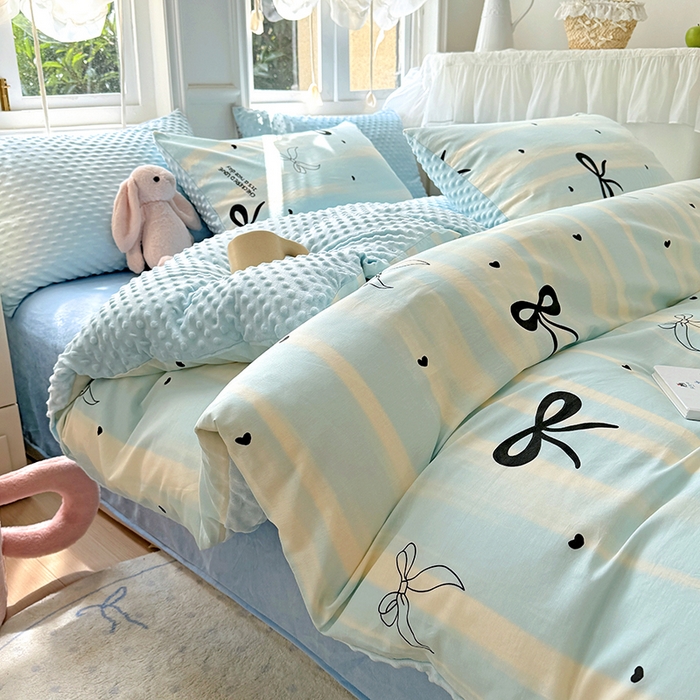 91家纺网 家纺一手货源 找家纺 优迈2024新秋冬加厚保暖全棉+豆豆绒四件套婴儿绒牛奶绒豆豆单被套单人双人加大号棉加绒三件套四件套 美丽蝴蝶结