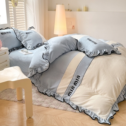 凯美家居 2024新款牛奶绒刺绣花边四件套-美丽格 美丽格-蓝灰
