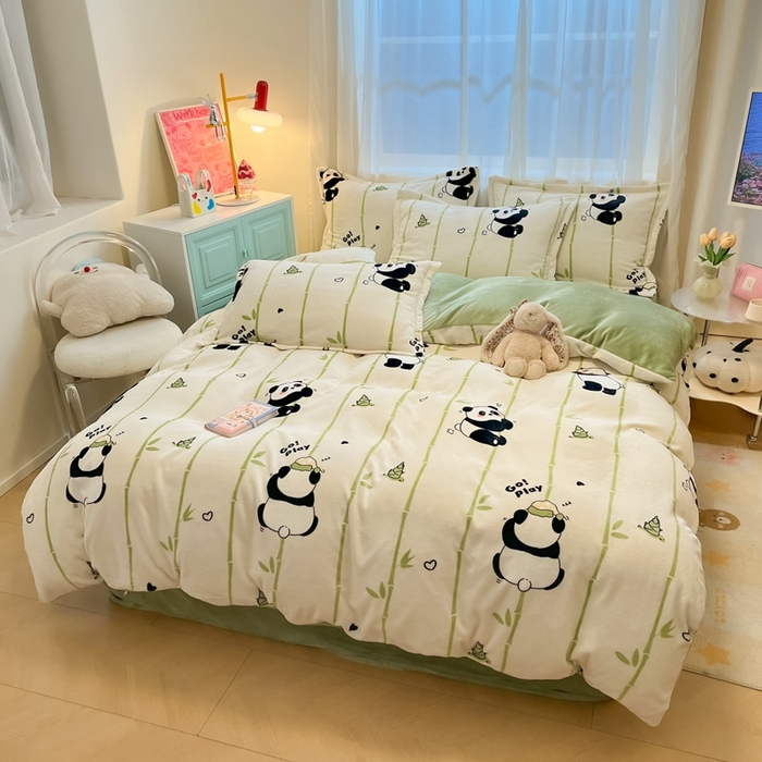 91家纺网 家纺一手货源 找家纺 慕尚家纺 2025新款3.5kg高克重田园花卉类牛奶绒四件套 快乐熊猫