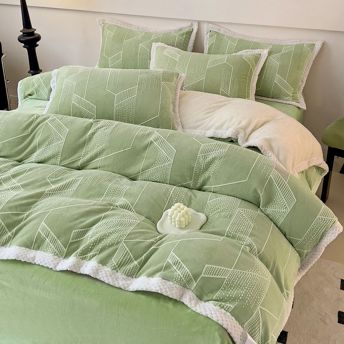 91家纺网 家纺一手货源 找家纺 2024新款简约包边全消光雕花牛奶绒兔兔绒四件套 包边绒 繁星闪耀绿