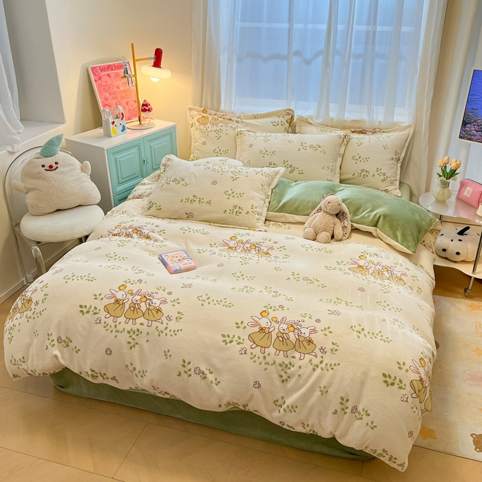 91家纺网 家纺一手货源 找家纺 慕尚家纺 2025新款3.5kg高克重田园花卉类牛奶绒四件套 花园兔