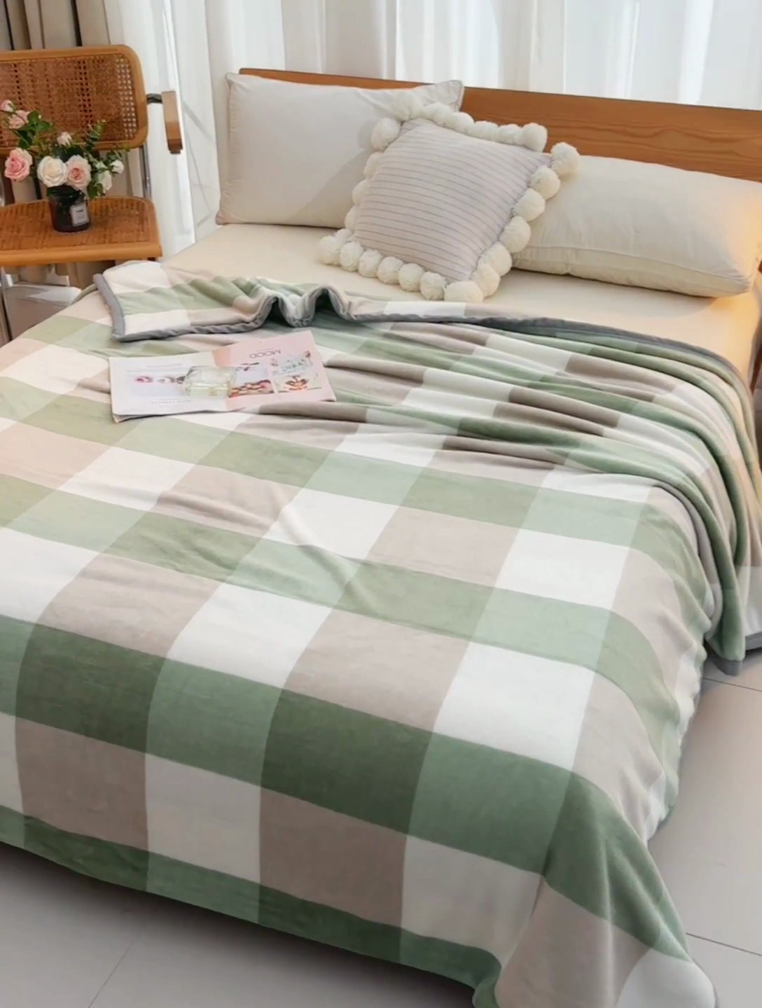 91家纺网 家纺一手货源 找家纺 仟人梦 2024新款A类高克重保暖法兰绒多功能保暖毛毯 绿大格