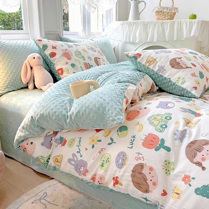 91家纺网 家纺一手货源 找家纺 优迈2024新秋冬加厚保暖全棉+豆豆绒四件套婴儿绒牛奶绒豆豆单被套单人双人加大号棉加绒三件套四件套 小孩儿哥姐