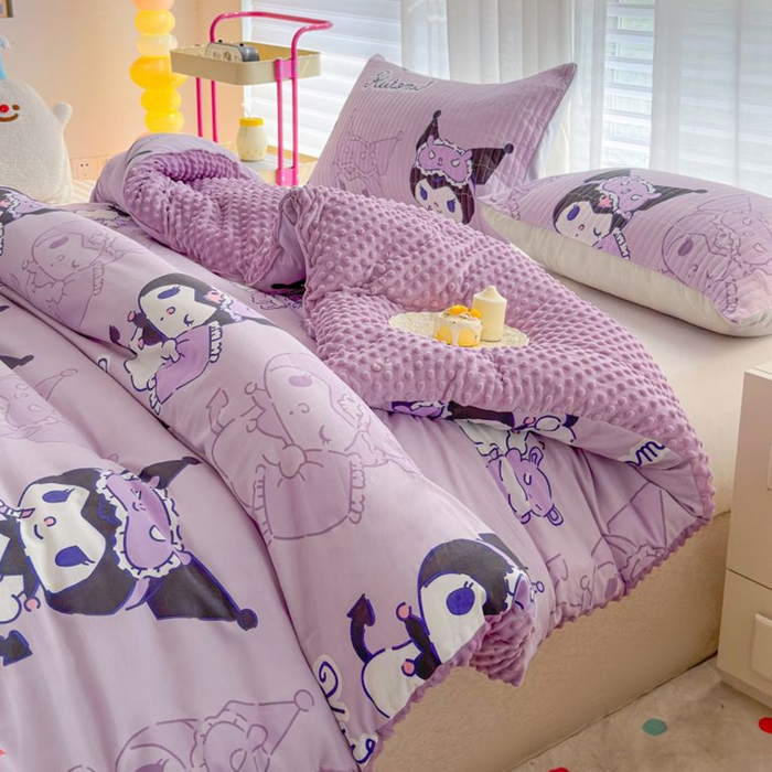 91家纺网 家纺一手货源 找家纺 梵克保罗 2024新款水洗棉豆豆被床盖四件套 紫色库洛米