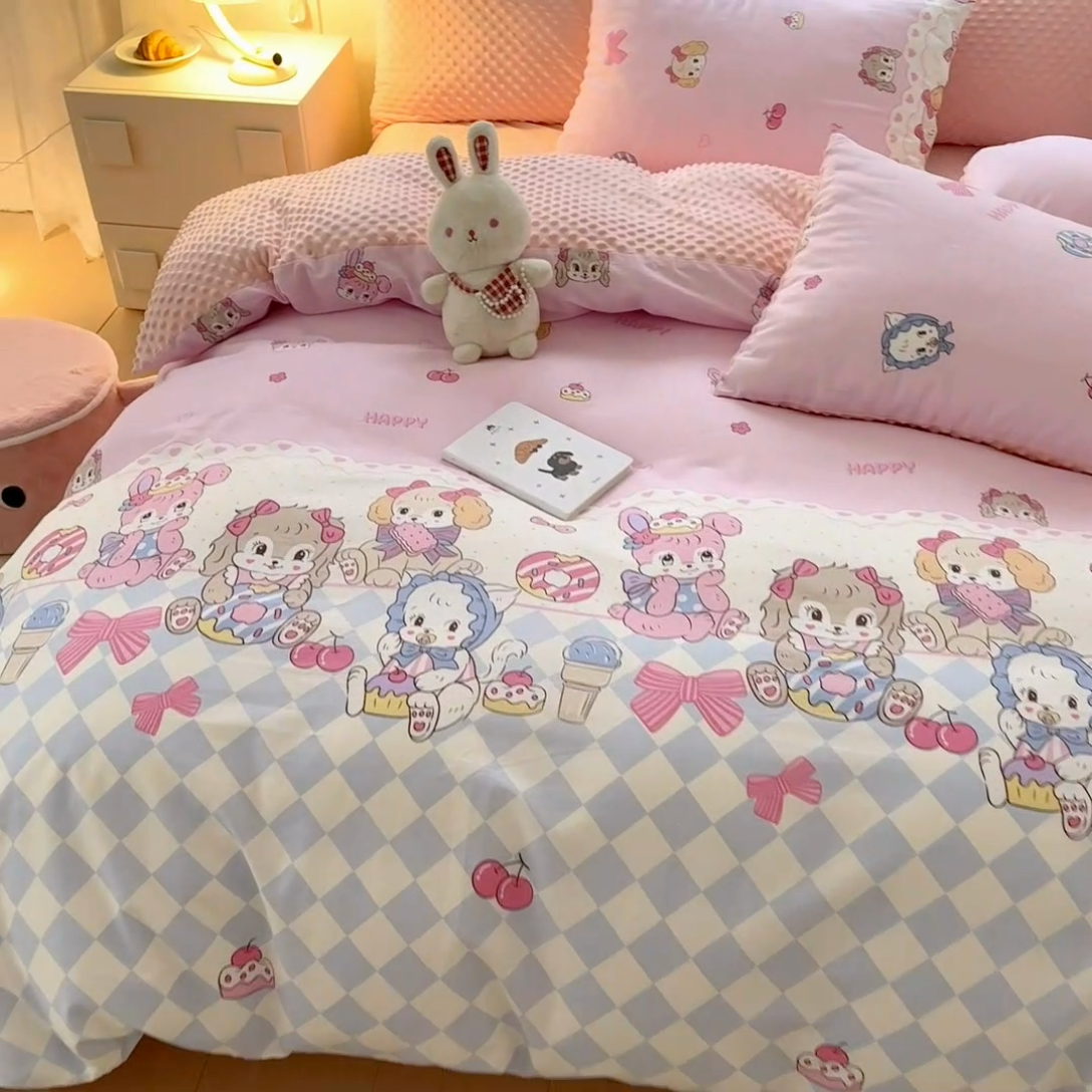 91家纺网 家纺一手货源 找家纺 优迈2024新秋冬加厚保暖全棉+豆豆绒四件套婴儿绒牛奶绒豆豆单被套单人双人加大号棉加绒三件套四件套 甜心派对