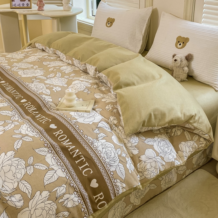 91家纺网 家纺一手货源 找家纺 优品阁 2024新款亲肤舒适全棉磨毛四件套学生三件套系列  初恋-咖