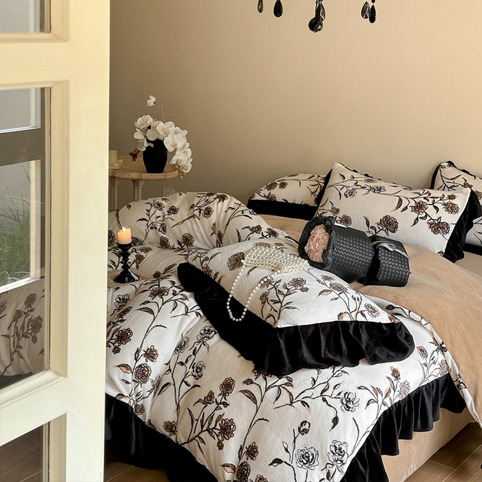 91家纺网 家纺一手货源 找家纺 2024新款加厚保暖高克重法式赫本风牛奶绒四件套 法式-叶璃