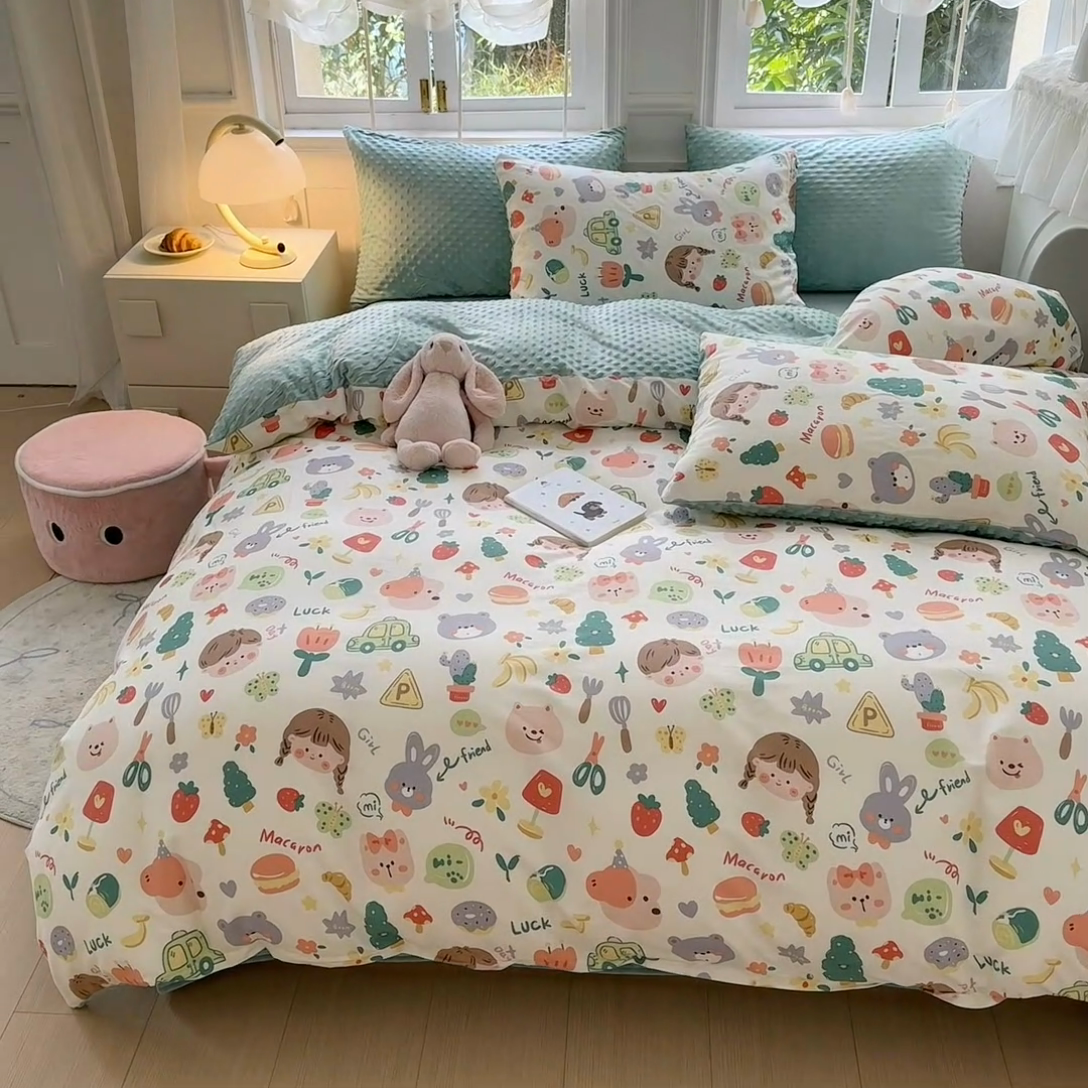 91家纺网 家纺一手货源 找家纺 优迈2024新秋冬加厚保暖全棉+豆豆绒四件套婴儿绒牛奶绒豆豆单被套单人双人加大号棉加绒三件套四件套 小孩儿哥姐