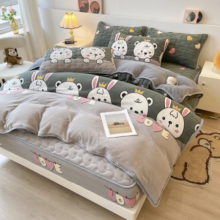2024秋冬A类牛奶绒加厚夹棉床笠+牛奶绒被套四件套欢乐派对