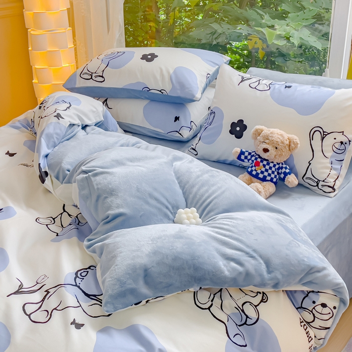 91家纺网 家纺一手货源 找家纺 金鑫汇家纺 2024年新款棉加绒印花四件套保暖牛奶绒法莱绒水晶绒 棉加绒-小熊菲比