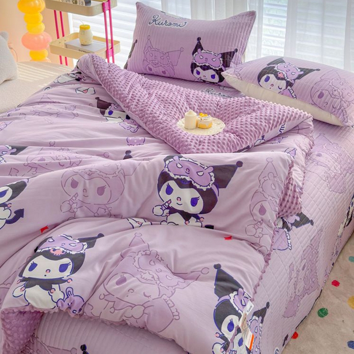 91家纺网 家纺一手货源 找家纺 梵克保罗 2024新款水洗棉豆豆被床盖四件套 紫色库洛米