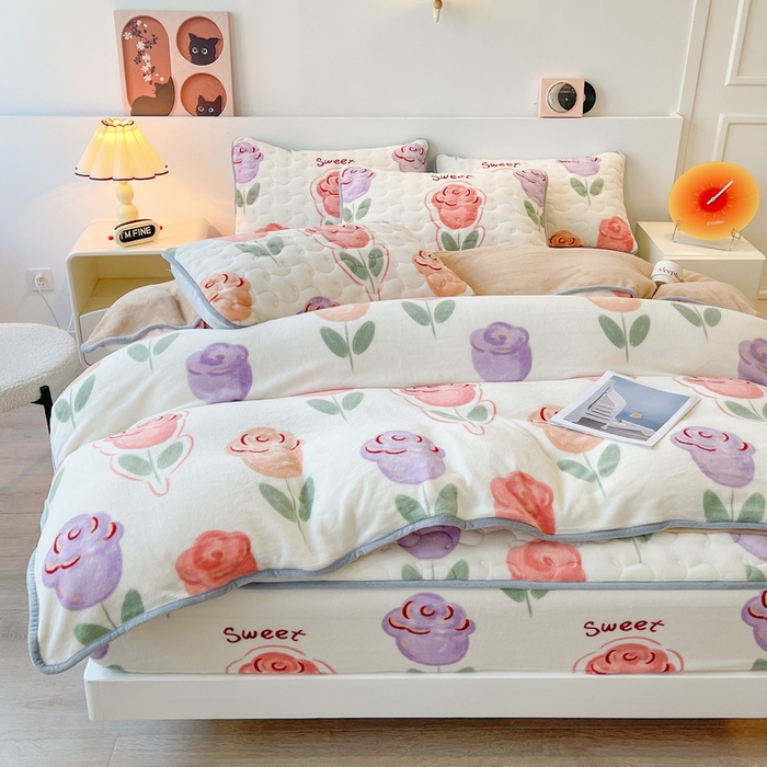 91家纺网 家纺一手货源 找家纺 2024秋冬A类牛奶绒加厚夹棉床笠+牛奶绒被套四件套奈美