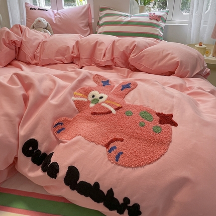 吉象家纺 2024新款全棉斜纹毛巾绣混搭四件套 可爱兔兔