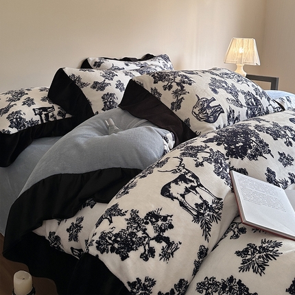 91家纺网 家纺一手货源 找家纺 2024新款加厚保暖高克重法式赫本风牛奶绒四件套 法式-迷境