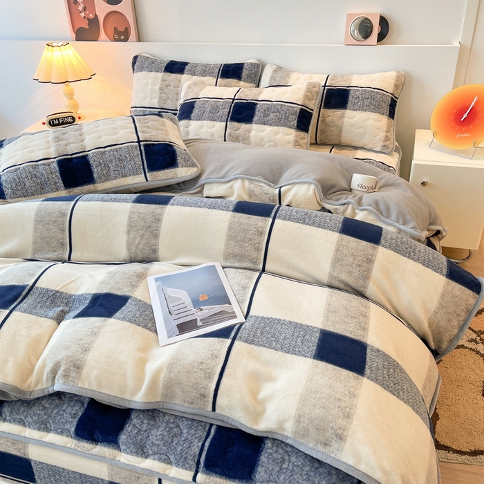 91家纺网 家纺一手货源 找家纺 2024秋冬A类牛奶绒加厚夹棉床笠+牛奶绒被套四件套肌理格