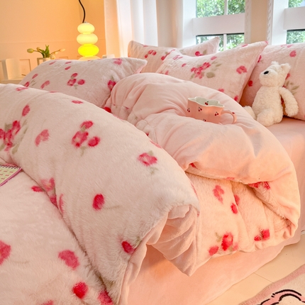 慕澄家纺 2024新款兔绒牛奶绒加厚保暖印花四件套 花落