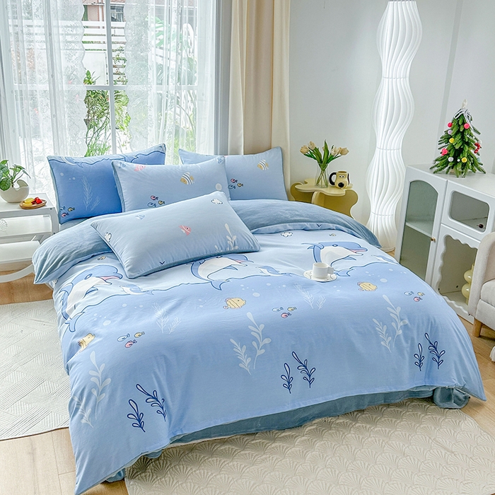 91家纺网 家纺一手货源 找家纺 金鑫汇家纺 2024年新款棉加绒印花四件套保暖牛奶绒法莱绒水晶绒 棉加绒-海洋世界