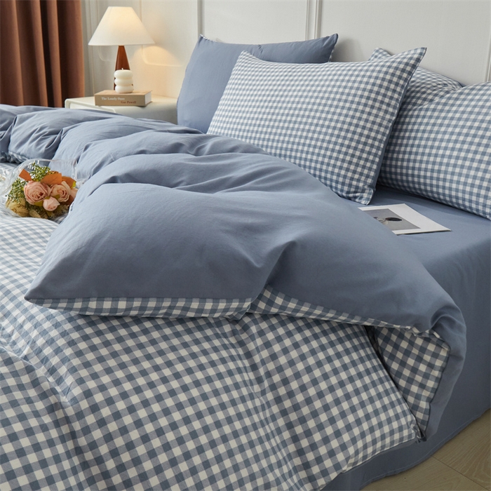 91家纺网 家纺一手货源 找家纺 盛秋家纺 2025新款格子单被套蓝小格+蓝灰