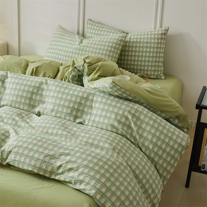 91家纺网 家纺一手货源 找家纺 盛秋家纺 2025新款格子单被套抹茶+果绿
