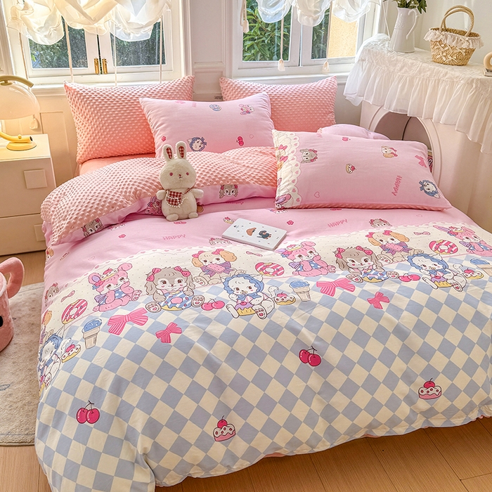 91家纺网 家纺一手货源 找家纺 优迈2024新秋冬加厚保暖全棉+豆豆绒四件套婴儿绒牛奶绒豆豆单被套单人双人加大号棉加绒三件套四件套 甜心派对