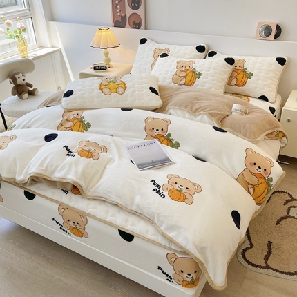 2024秋冬A类牛奶绒加厚夹棉床笠+牛奶绒被套四件套波点熊