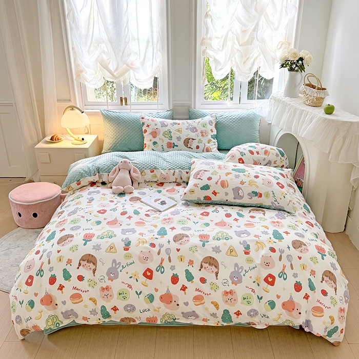 91家纺网 家纺一手货源 找家纺 优迈2024新秋冬加厚保暖全棉+豆豆绒四件套婴儿绒牛奶绒豆豆单被套单人双人加大号棉加绒三件套四件套 小孩儿哥姐