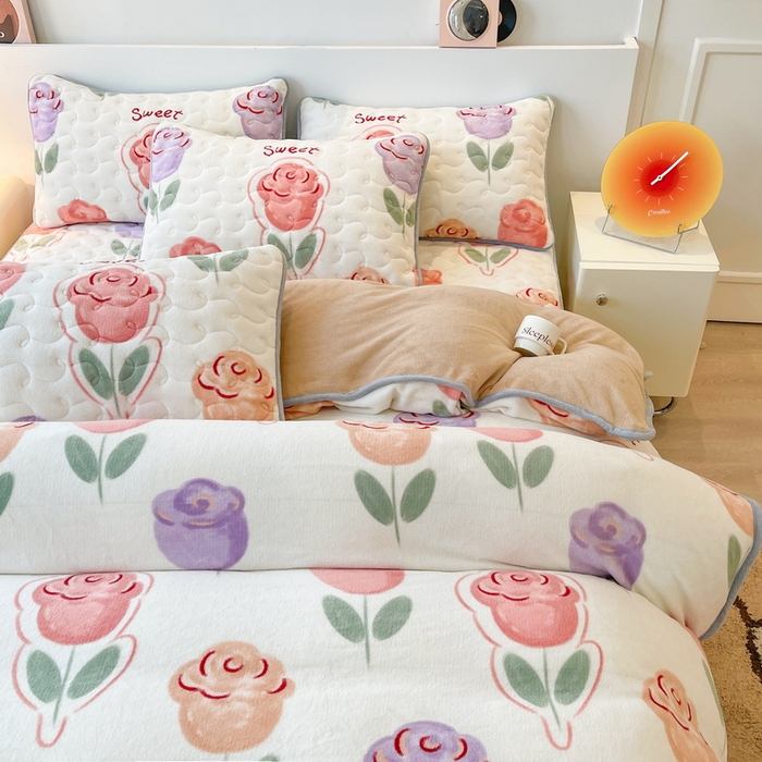 91家纺网 家纺一手货源 找家纺 2024秋冬A类牛奶绒加厚夹棉床笠+牛奶绒被套四件套奈美