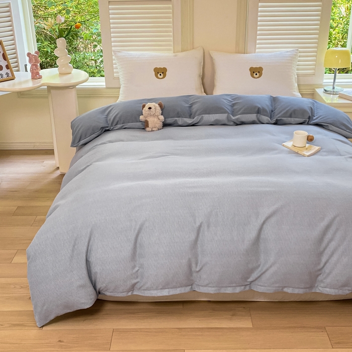 91家纺网 家纺一手货源 找家纺 优品阁 2024新款亲肤舒适全棉磨毛四件套学生三件套系列  邦尼-蓝灰