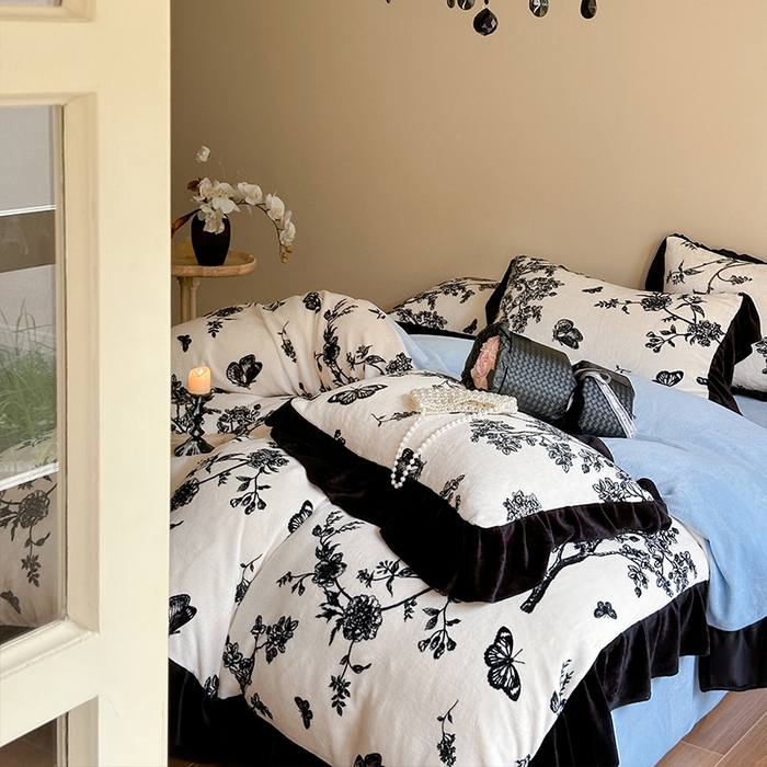 91家纺网 家纺一手货源 找家纺 2024新款加厚保暖高克重法式赫本风牛奶绒四件套 法式-蓝梦里