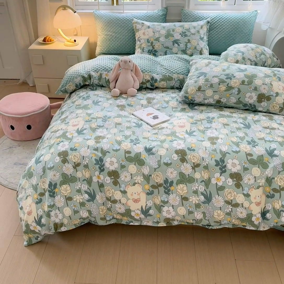 91家纺网 家纺一手货源 找家纺 优迈2024新秋冬加厚保暖全棉+豆豆绒四件套婴儿绒牛奶绒豆豆单被套单人双人加大号棉加绒三件套四件套 春意盎然