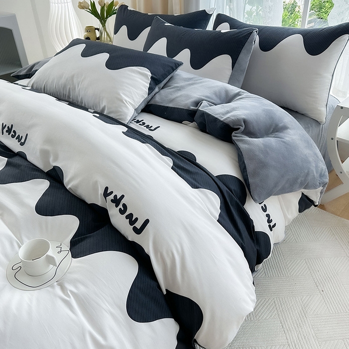 91家纺网 家纺一手货源 找家纺 金鑫汇家纺 2024年新款棉加绒印花四件套保暖牛奶绒法莱绒水晶绒 棉加绒-波浪世界